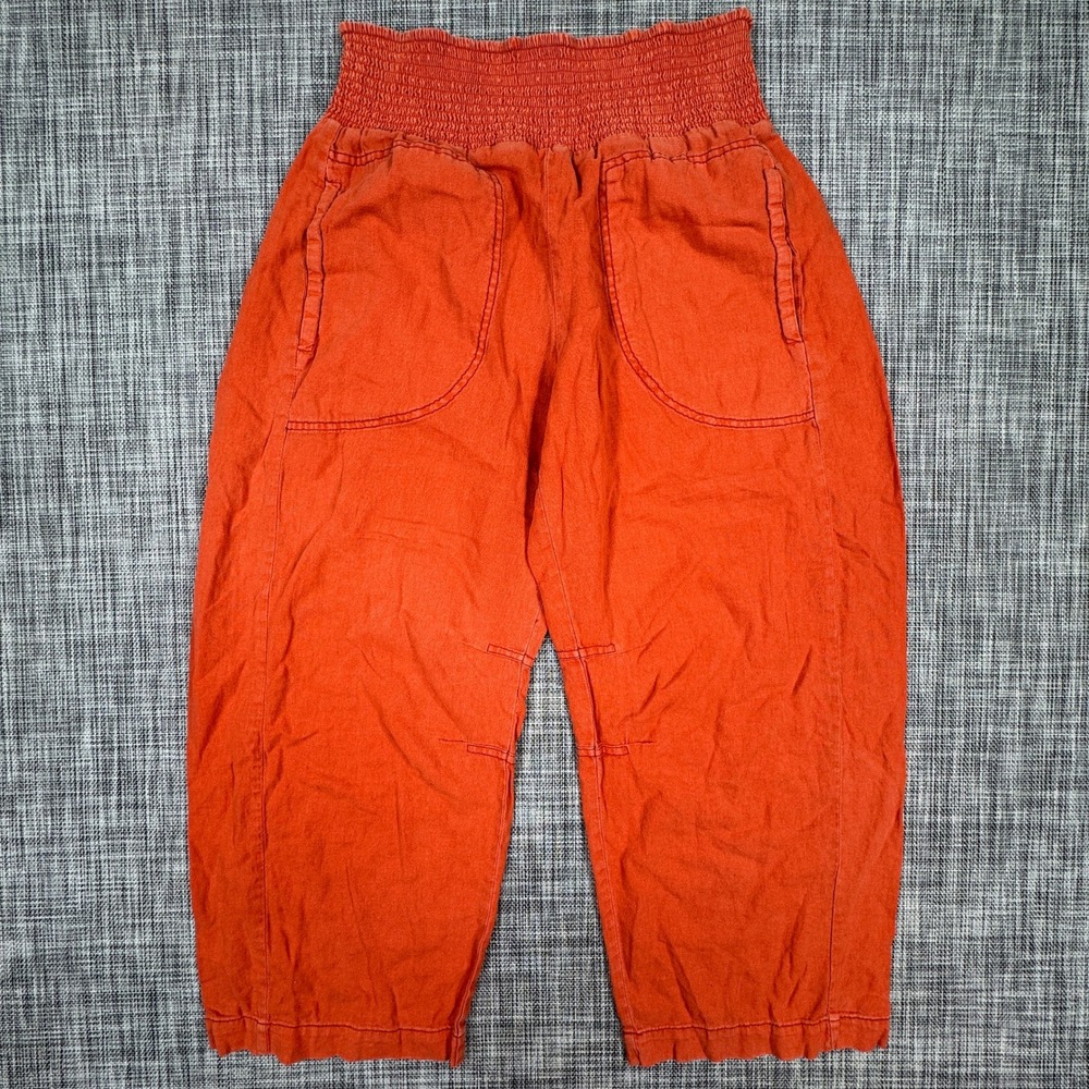 Pilcro Womens Reese Barrel Pants XS Orange Linen Viscose Smocked Waist Pockets